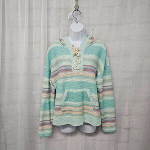 So Green Striped Hoodie Top Beach Grunge Boho Southwestern Casual M